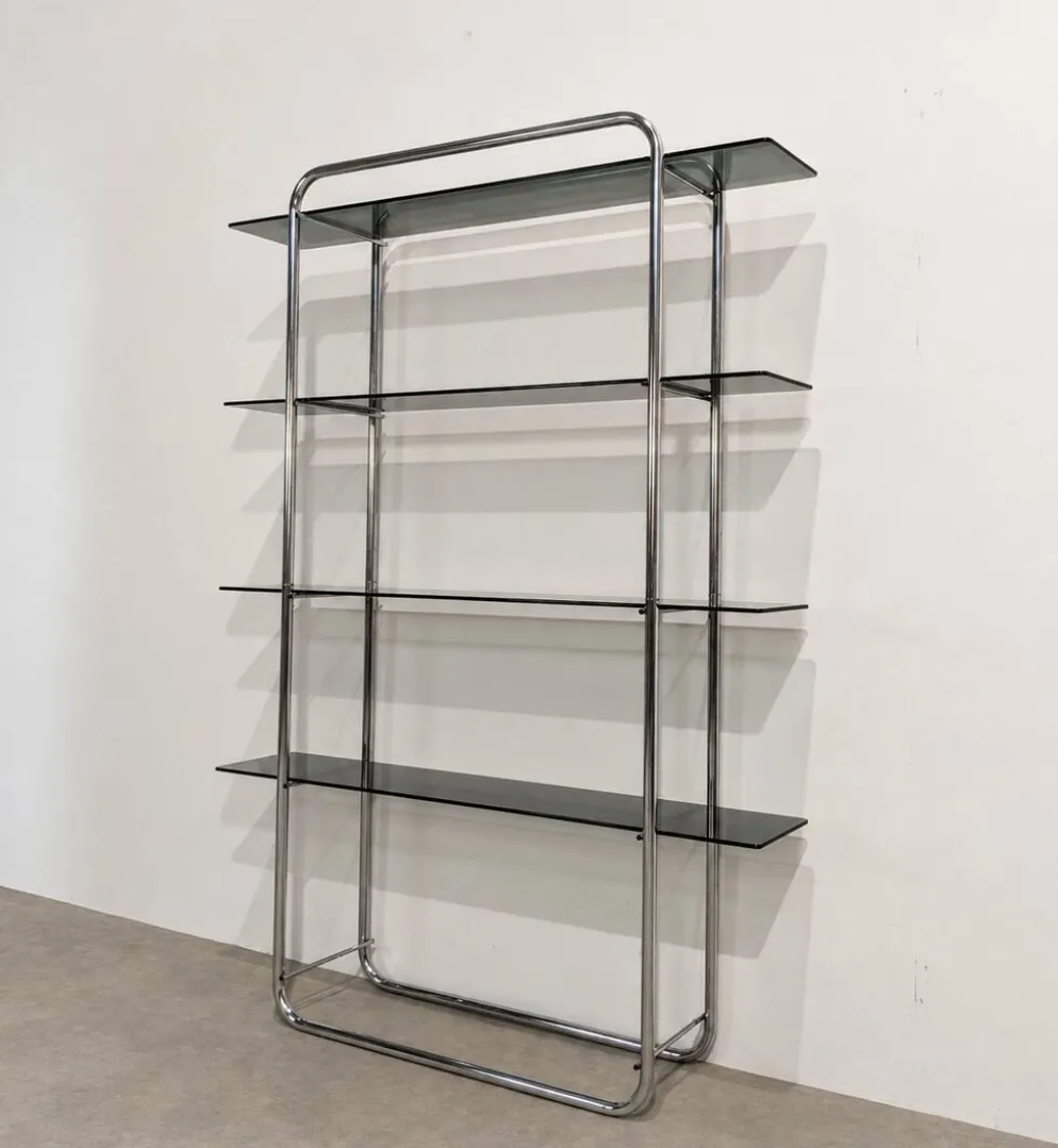 Bibliothèque vintage en chrome et verre fumé – Années 1970