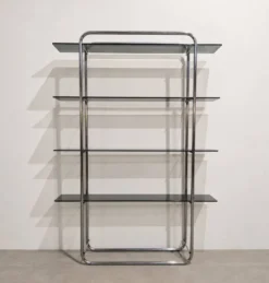 Bibliothèque vintage en chrome et verre fumé – Années 1970