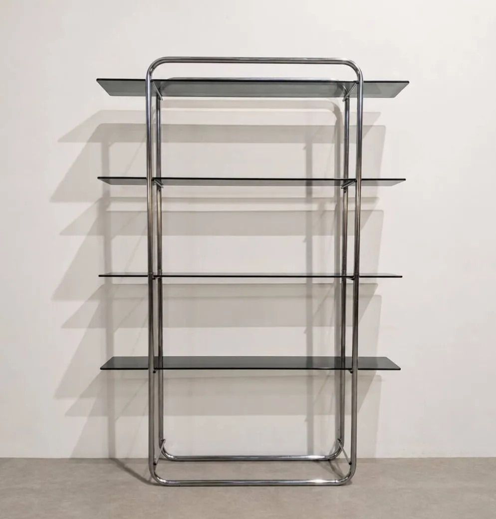 Bibliothèque vintage en chrome et verre fumé – Années 1970