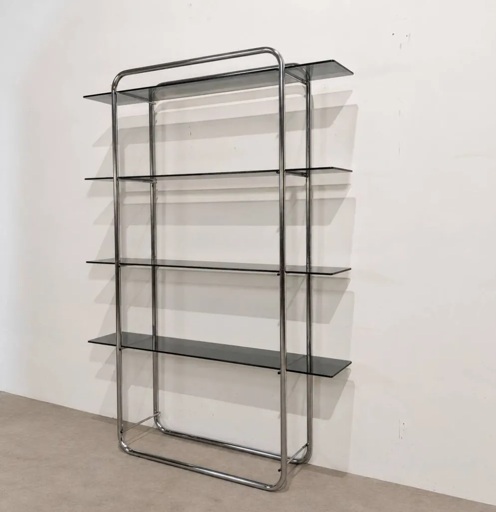 Bibliothèque vintage en chrome et verre fumé – Années 1970
