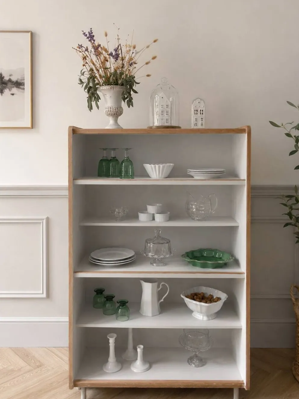 Bibliothèque vintage en placage chêne, intérieur gris perle, pied en métal