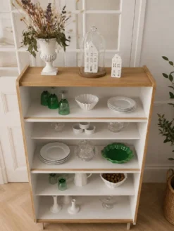 Bibliothèque vintage en placage chêne, intérieur gris perle, pied en métal