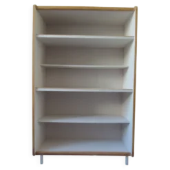 Bibliothèque vintage en placage chêne, intérieur gris perle, pied en métal