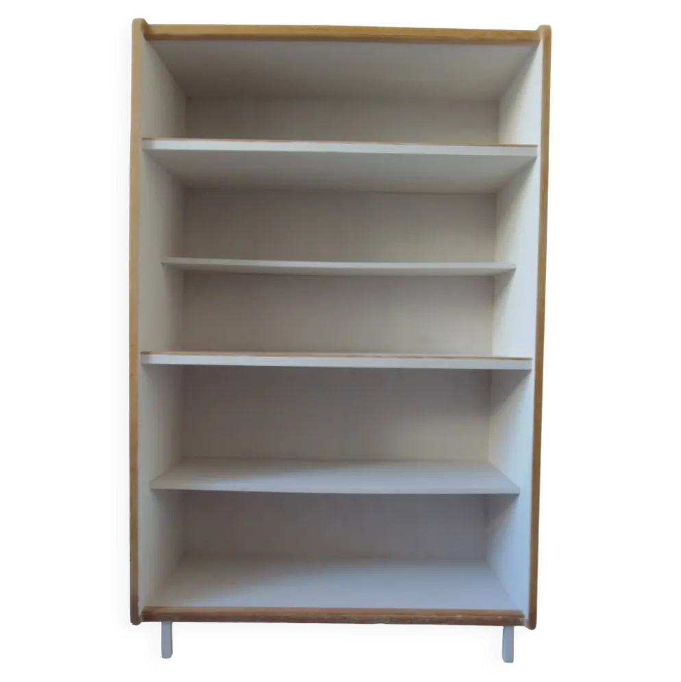 Bibliothèque vintage en placage chêne, intérieur gris perle, pied en métal