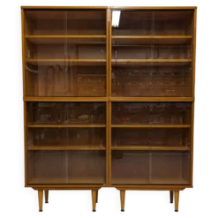 Bibliothèque vitrée 4 modules en chêne blond, France vers 1960