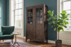 Bibliothèque vitrée vintage en bois foncé