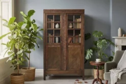 Bibliothèque vitrée vintage en bois foncé