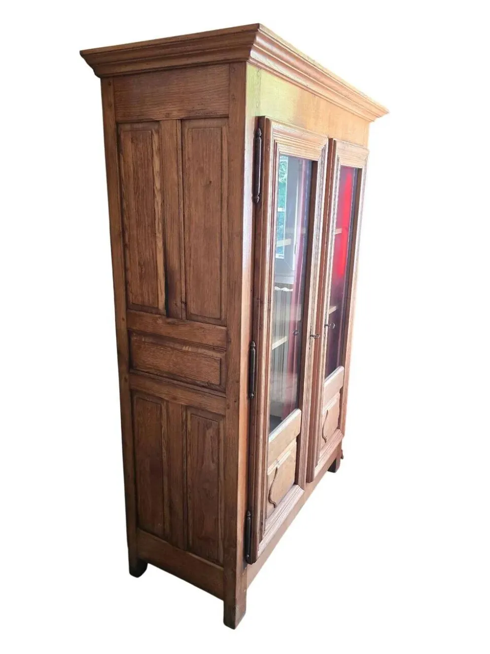 Bibliothèque vitrine ancienne en chêne massif à deux portes vitrées