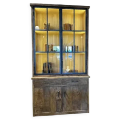 Bibliothèque vitrine en chêne ancien et métal noir – pièce unique