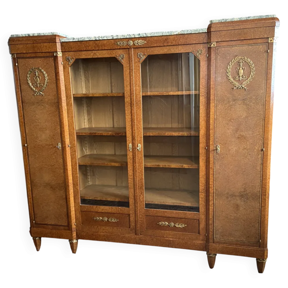 Bibliothèque vitrine style Néo classique 1930 ronce de noyer et bronze