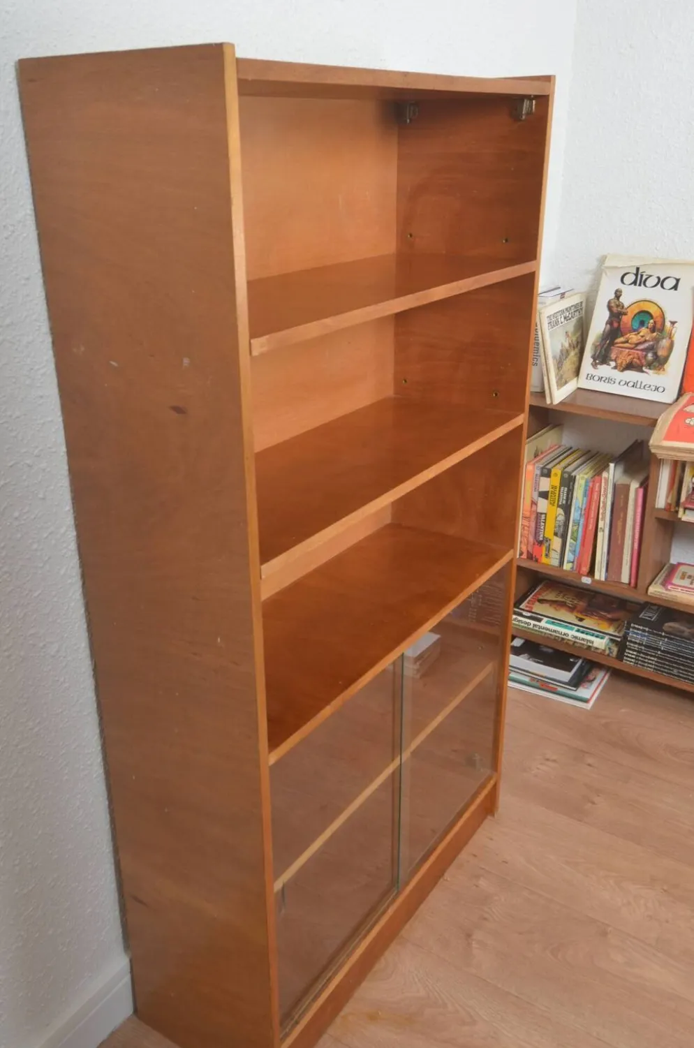 Bibliothèque vitrine vintage en placage bois, années 1950-1960