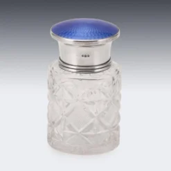 Bocal en cristal taillé, en argent massif anglais du 20e siècle, émaillé guilloché.