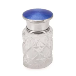 Bocal en cristal taillé, en argent massif anglais du 20e siècle, émaillé guilloché.