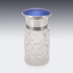 Bocal en cristal taillé, en argent massif anglais du 20e siècle, émaillé guilloché.