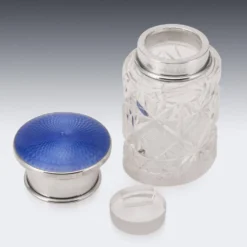 Bocal en cristal taillé, en argent massif anglais du 20e siècle, émaillé guilloché.