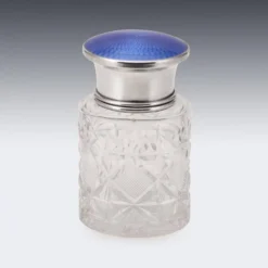 Bocal en cristal taillé, en argent massif anglais du 20e siècle, émaillé guilloché.