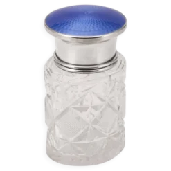 Bocal en cristal taillé, en argent massif anglais du 20e siècle, émaillé guilloché.