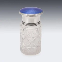 Bocal en cristal taillé, en argent massif anglais du 20e siècle, émaillé guilloché.