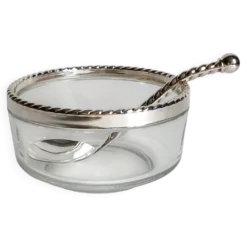 Bol à caviar & sa cuillère Bormioli Rocco verre & métal argenté, Italie 80'