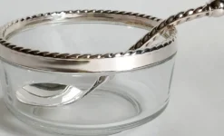 Bol à caviar & sa cuillère Bormioli Rocco verre & métal argenté, Italie 80'
