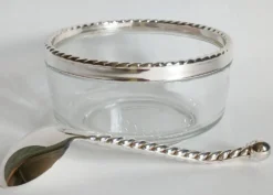 Bol à caviar & sa cuillère Bormioli Rocco verre & métal argenté, Italie 80'