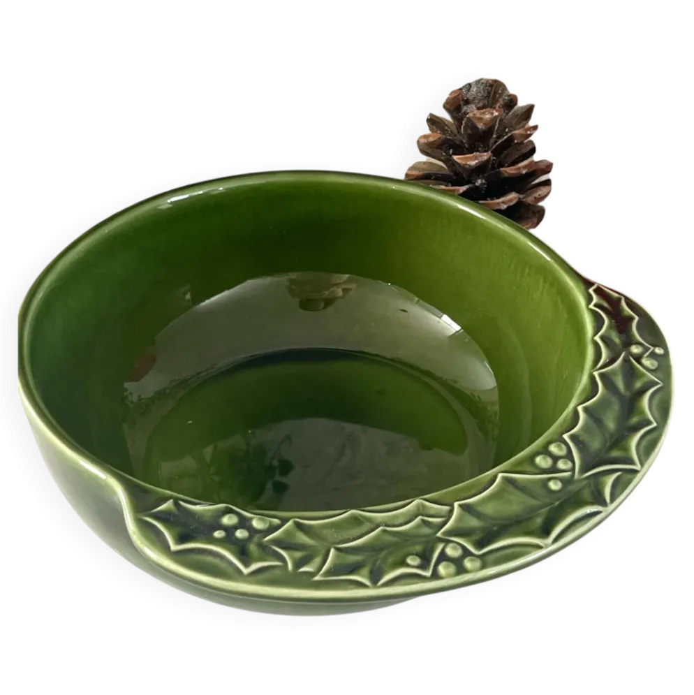 Bol de service de Noël, bol en céramique BCI français avec des houx, émaillé vert.