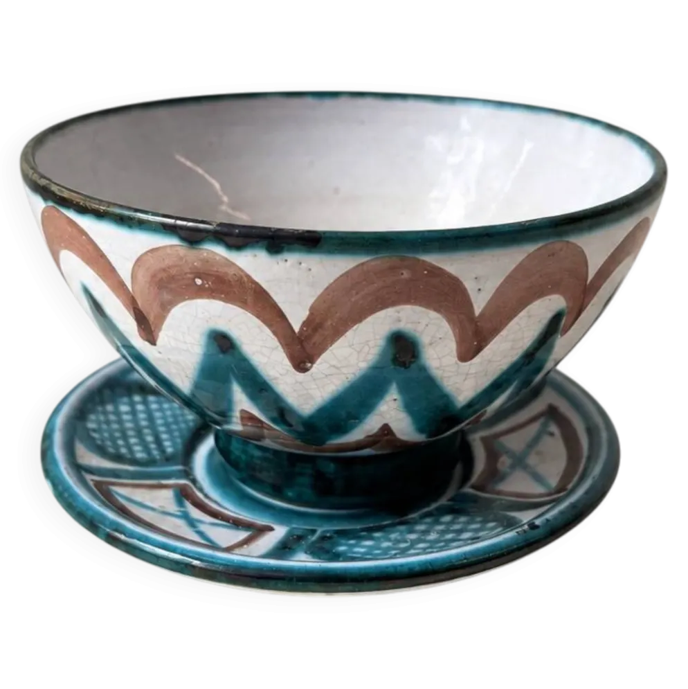 Bol et soucoupe en céramique par Robert Picault, motif zigzag, années 1960.