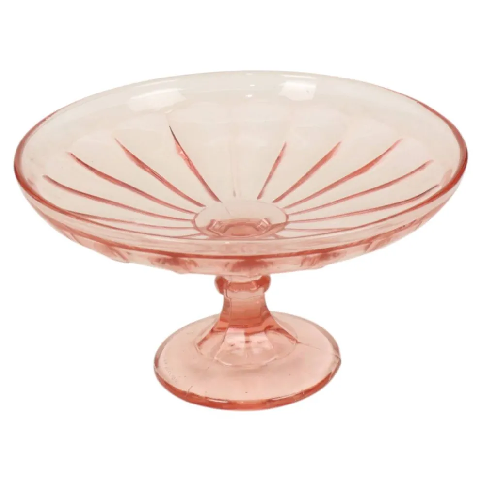 Bol à fruits haut Art Déco rose en verre dépression 28 cm