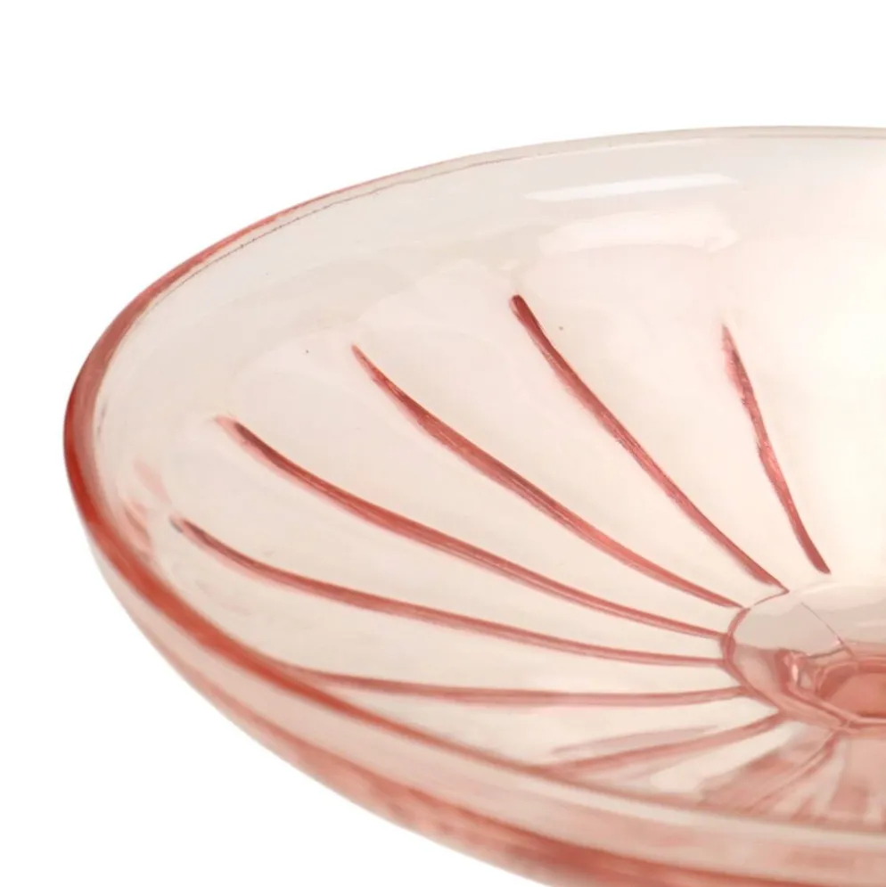 Bol à fruits haut Art Déco rose en verre dépression 28 cm