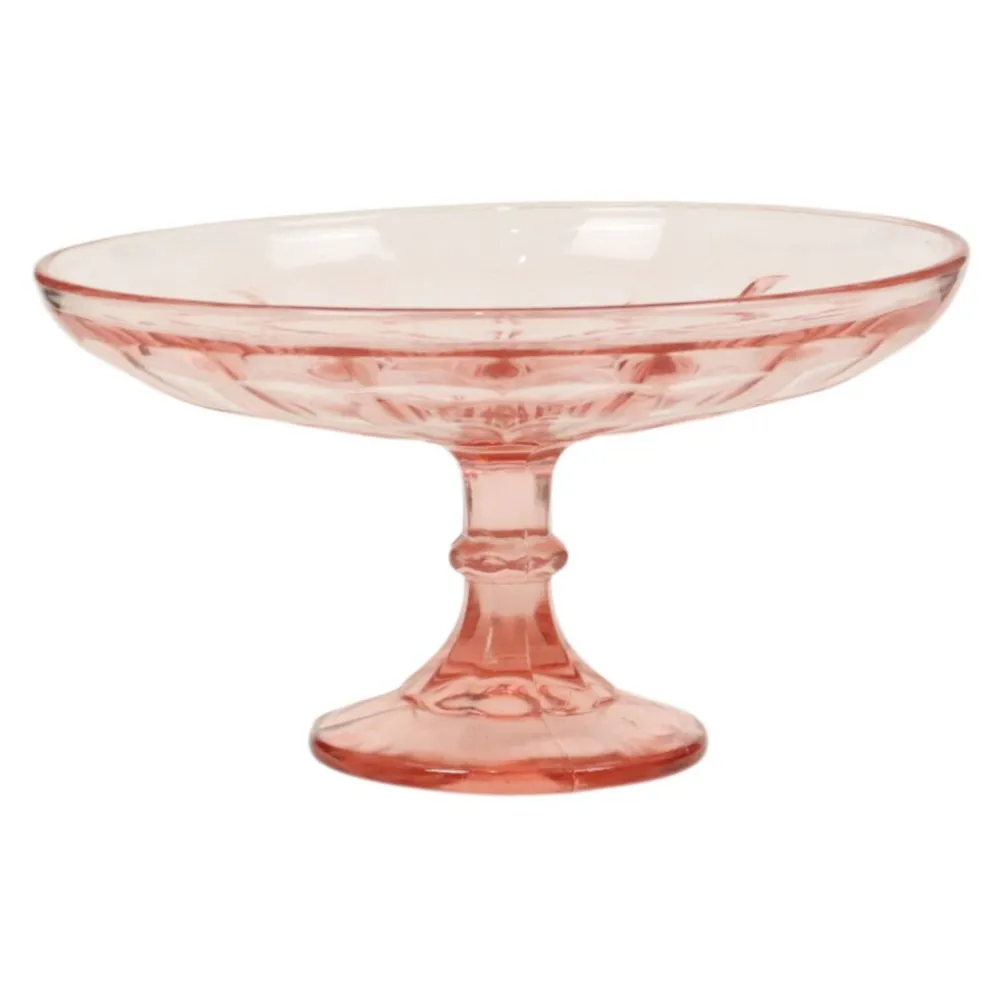 Bol à fruits haut Art Déco rose en verre dépression 28 cm