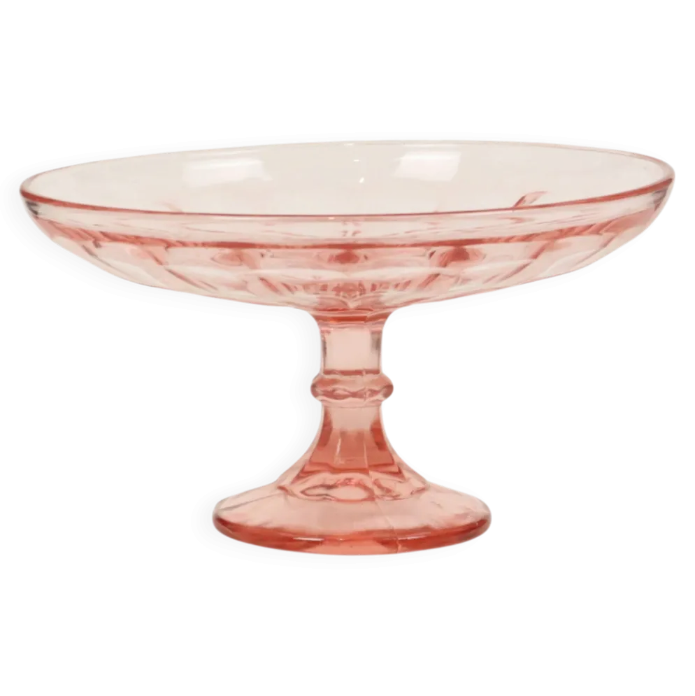 Bol à fruits haut Art Déco rose en verre dépression 28 cm