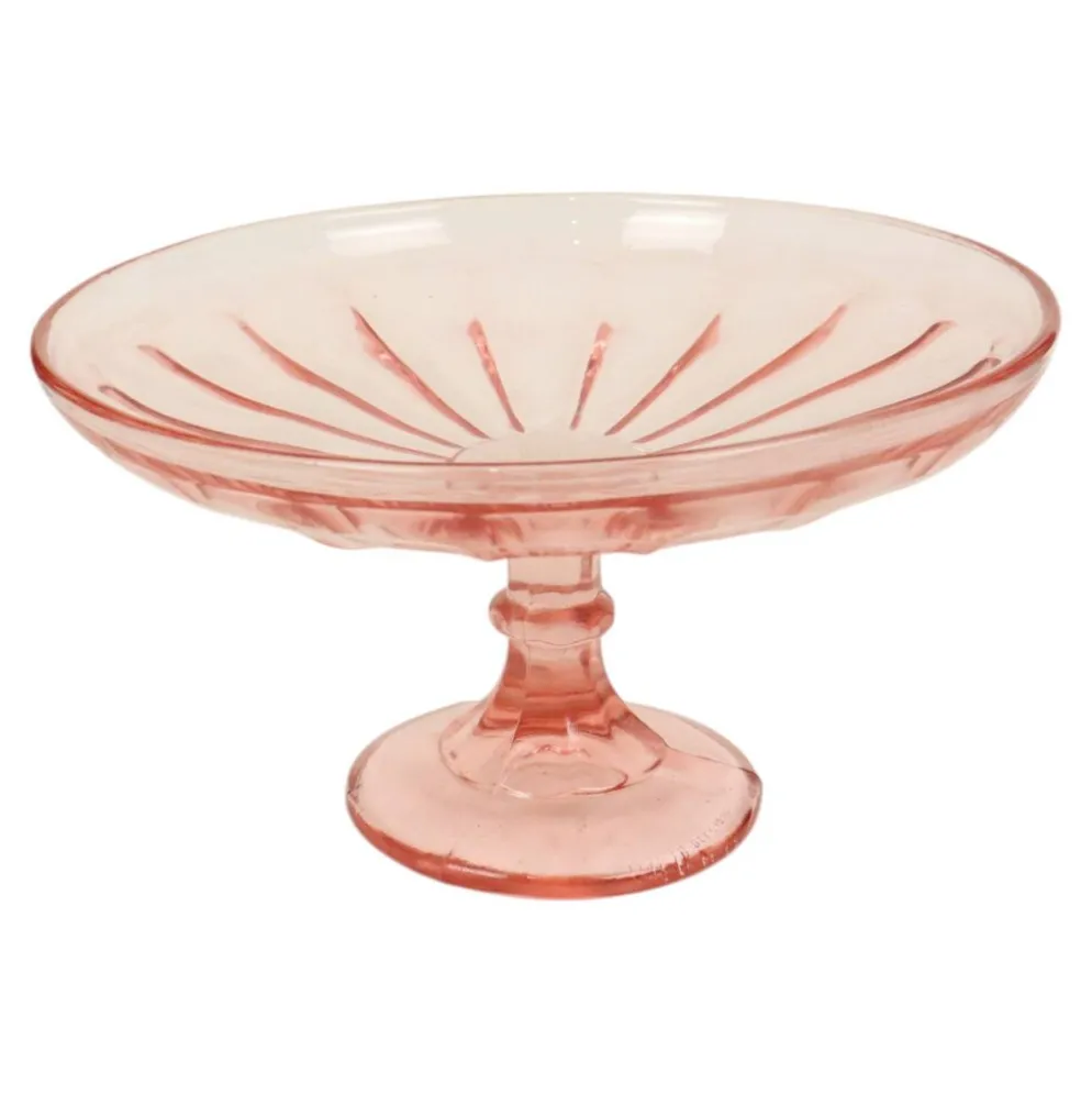 Bol à fruits haut Art Déco rose en verre dépression 28 cm