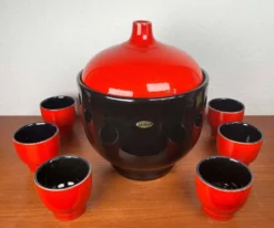 Bol à punch et tasses en céramique allemande de l'Ouest de style mid-century moderne de Jasba, années 1960, ensemble de 7.