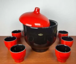 Bol à punch et tasses en céramique allemande de l'Ouest de style mid-century moderne de Jasba, années 1960, ensemble de 7.