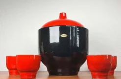 Bol à punch et tasses en céramique allemande de l'Ouest de style mid-century moderne de Jasba, années 1960, ensemble de 7.