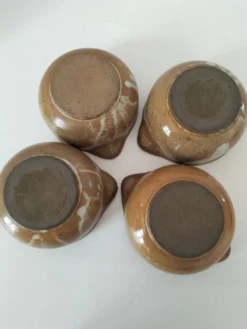 4 bols à oreilles en grès flammé artisanal vintage