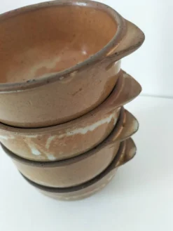 4 bols à oreilles en grès flammé artisanal vintage