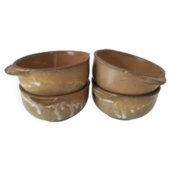 4 bols à oreilles en grès flammé artisanal vintage