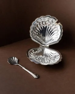 Bol à sucre en forme de coquillage argenté avec cuillère assortie - Italien des années 1960, métal argenté