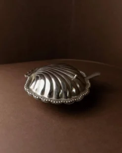 Bol à sucre en forme de coquillage argenté avec cuillère assortie - Italien des années 1960, métal argenté
