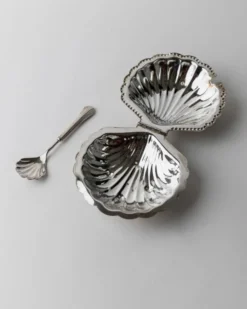 Bol à sucre en forme de coquillage argenté avec cuillère assortie - Italien des années 1960, métal argenté