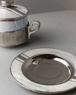 Bol vintage en porcelaine avec couvercle, argenté - Pour sucre, sauces, moutarde, confiture - Monopoli Italie années 50 - Décoration de table élégante, idée cadeau