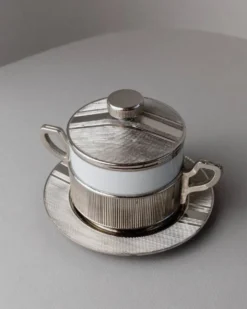 Bol vintage en porcelaine avec couvercle, argenté - Pour sucre, sauces, moutarde, confiture - Monopoli Italie années 50 - Décoration de table élégante, idée cadeau