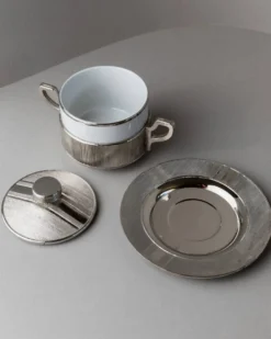 Bol vintage en porcelaine avec couvercle, argenté - Pour sucre, sauces, moutarde, confiture - Monopoli Italie années 50 - Décoration de table élégante, idée cadeau