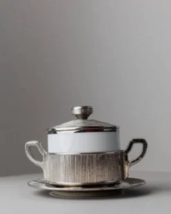 Bol vintage en porcelaine avec couvercle, argenté - Pour sucre, sauces, moutarde, confiture - Monopoli Italie années 50 - Décoration de table élégante, idée cadeau
