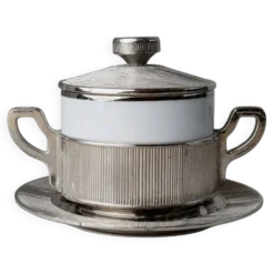 Bol vintage en porcelaine avec couvercle, argenté - Pour sucre, sauces, moutarde, confiture - Monopoli Italie années 50 - Décoration de table élégante, idée cadeau