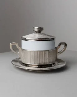 Bol vintage en porcelaine avec couvercle, argenté - Pour sucre, sauces, moutarde, confiture - Monopoli Italie années 50 - Décoration de table élégante, idée cadeau