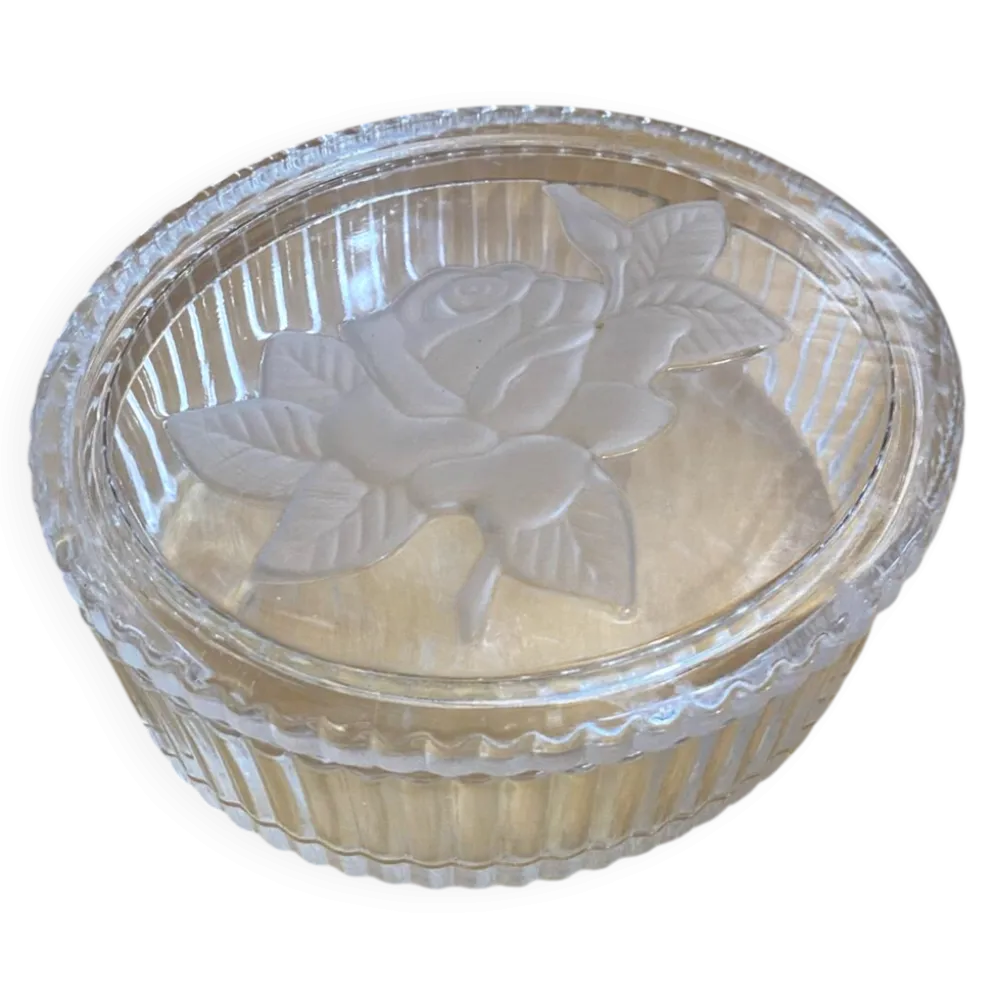 Bonbonnière Ancienne Boite À Bijoux Verre Moulé Décor Roses Vintage