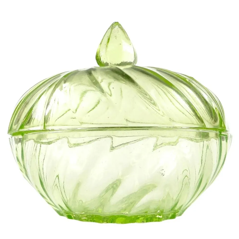 Bonbonnière Art Déco avec couvercle, en verre uranium pressé, Pologne, années 1930