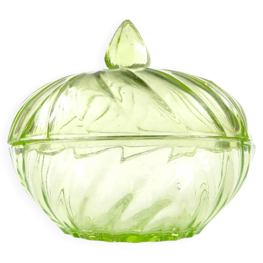 Bonbonnière Art Déco avec couvercle, en verre uranium pressé, Pologne, années 1930